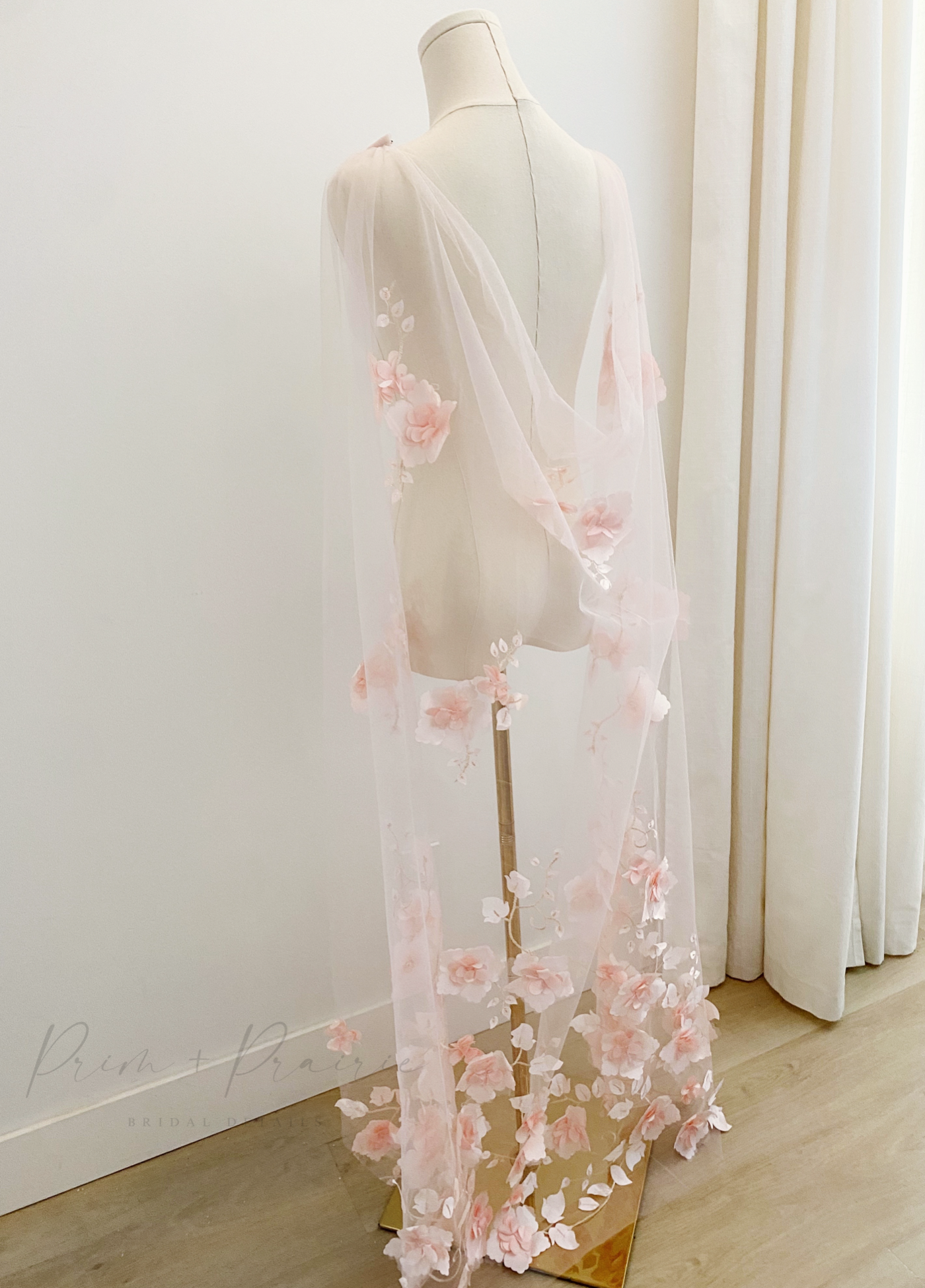 • HALLIE• blush 3D floral bridal cape
