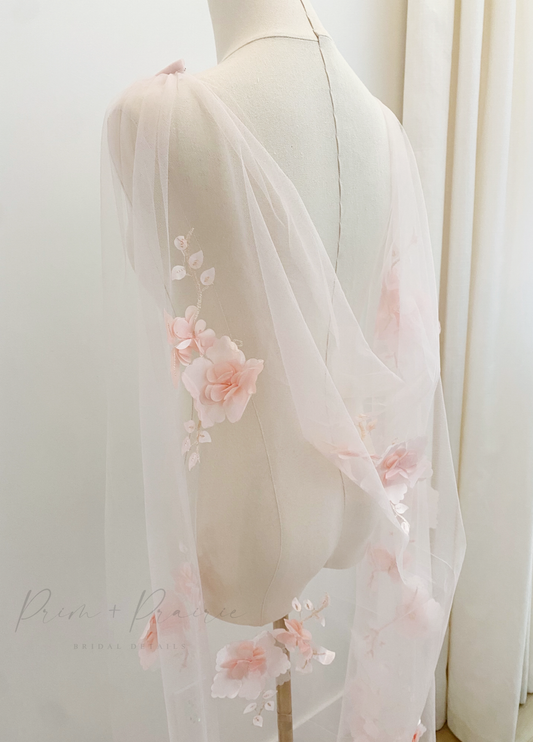 • HALLIE• blush 3D floral bridal cape