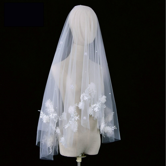 • MARSEILLE • 2 tier 3D lace applique pearl veil